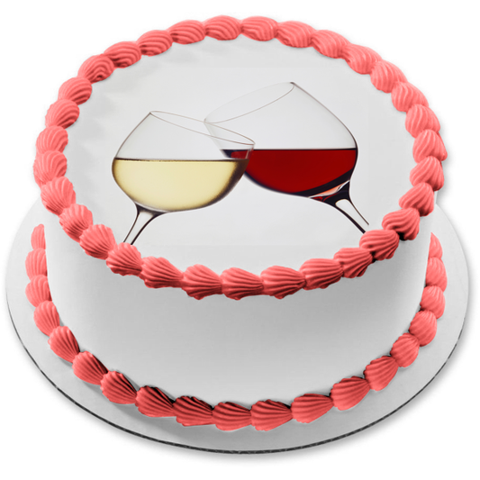 Cheers White Wine and Red Wine In Glasses Edible Cake Topper Image ABPID56165