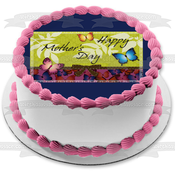 Happy Mother's Day Butterflies Leaves Bow Edible Cake Topper Image ABPID13158