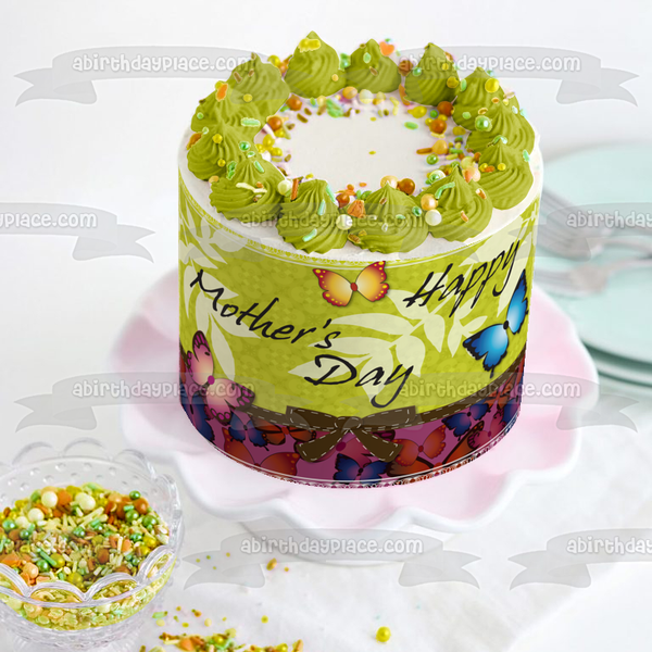 Happy Mother's Day Butterflies Leaves Bow Edible Cake Topper Image ABPID13158