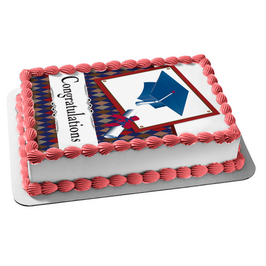 Felicitaciones de graduación Gorra azul Diploma Fondo Argyle Imagen de decoración comestible para pastel ABPID13173 