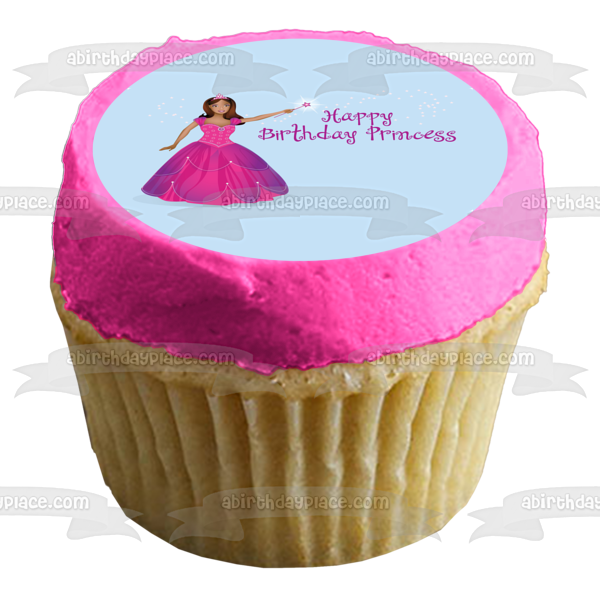 Happy Birthday Princess Girl Pink Dress Tiara Magic Wand Edible Cake Topper Image ABPID13300