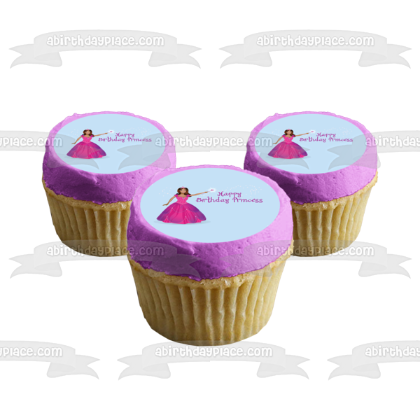 Happy Birthday Princess Girl Pink Dress Tiara Magic Wand Edible Cake Topper Image ABPID13300