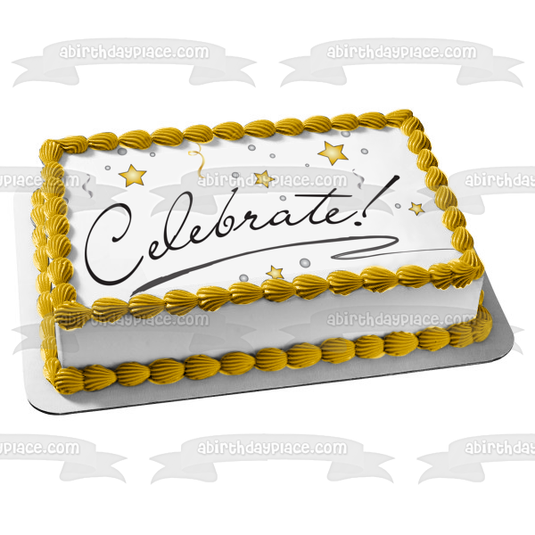 Celebrate Gold Stars Streamers Edible Cake Topper Image ABPID13192