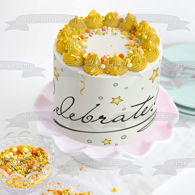 Celebrate Gold Stars Streamers Edible Cake Topper Image ABPID13192