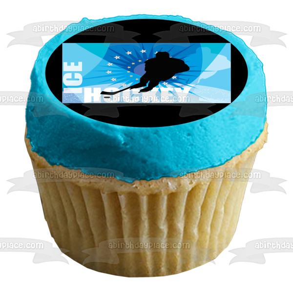 Sports Ice Hockey Player Hockey Stick Puck Stars Edible Cake Topper Image ABPID13313