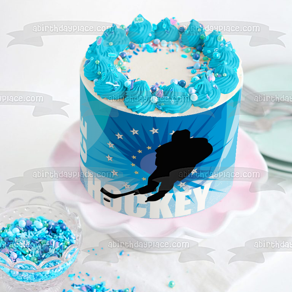 Sports Ice Hockey Player Hockey Stick Puck Stars Edible Cake Topper Image ABPID13313