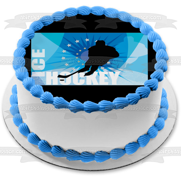 Sports Ice Hockey Player Hockey Stick Puck Stars Edible Cake Topper Image ABPID13313