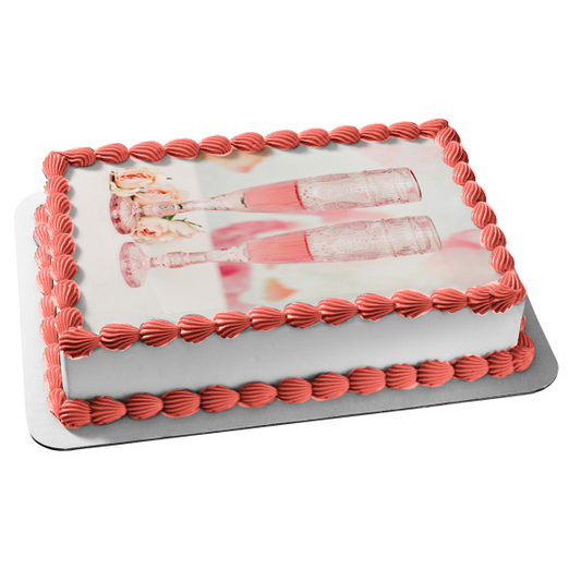 Pink Champagne In Glasses with Pink Flowers Edible Cake Topper Image ABPID56090