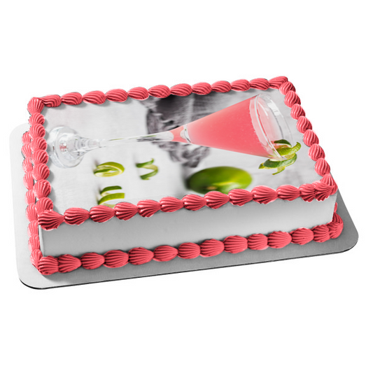 Pink Cosmopolitan Cocktail with Lime Peels Edible Cake Topper Image ABPID56091