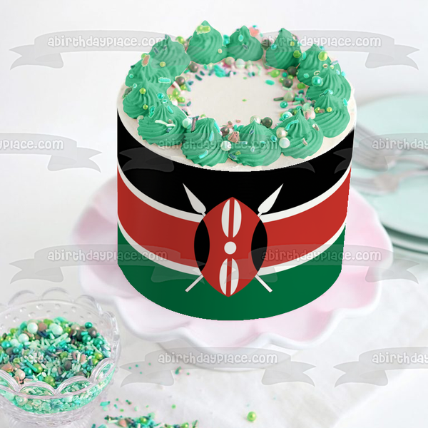 Flag of Kenya Black Green Red Stripes Red White and Black Maasai Shield and Two Crossed Spears Edible Cake Topper Image ABPID13208