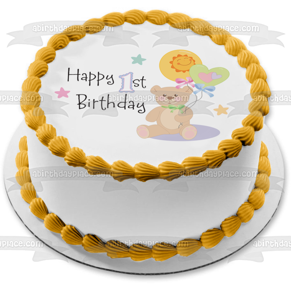 Happy 1st Birthday Teddy Bear Balloons Stars Edible Cake Topper Image ABPID13213