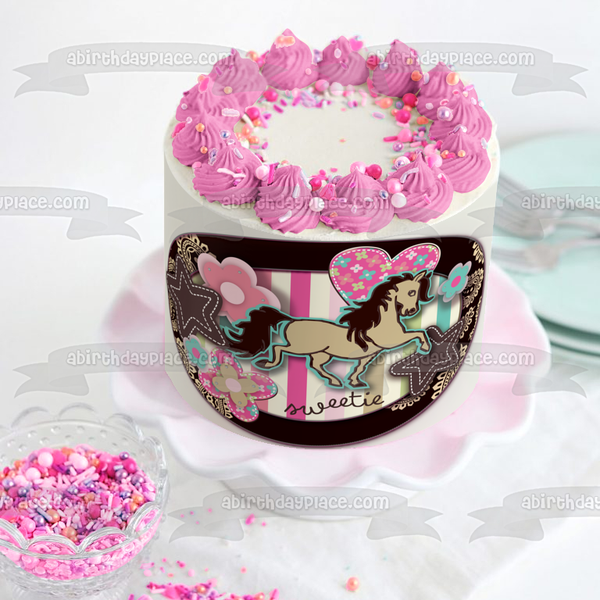 Sweetie Girl Horse Heaerts Flowers Stars Edible Cake Topper Image ABPID13332