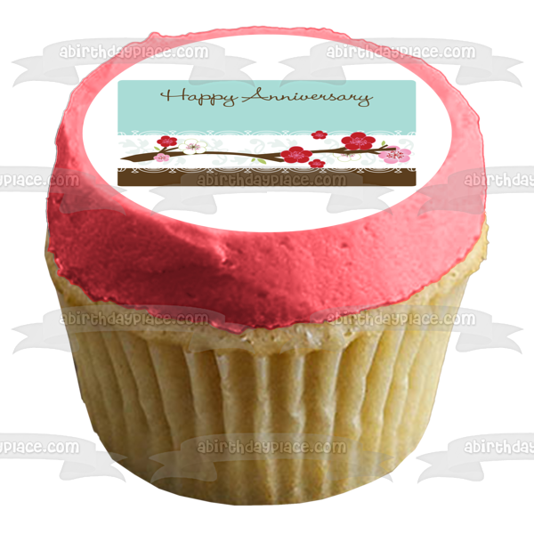 Happy Anniversary Flowers Blue Background Edible Cake Topper Image ABPID13343