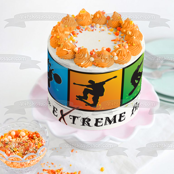 Have an Extreme Birthday Motorcycle Rider Skateboarder Snowboarder Edible Cake Topper Image ABPID13347