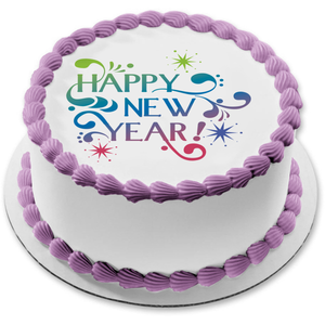 Happy New Year Stars Edible Cake Topper Image ABPID13350