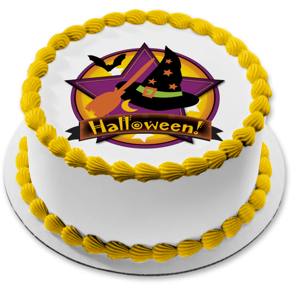 Happy Halloween Witch Hat Broomstick Bats Moon Stars Edible Cake Topper Image ABPID13226