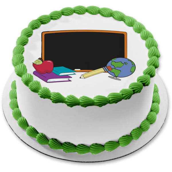 School Classroom Blackboard Apple Books Globe Pencil Edible Cake Topper Image ABPID13353
