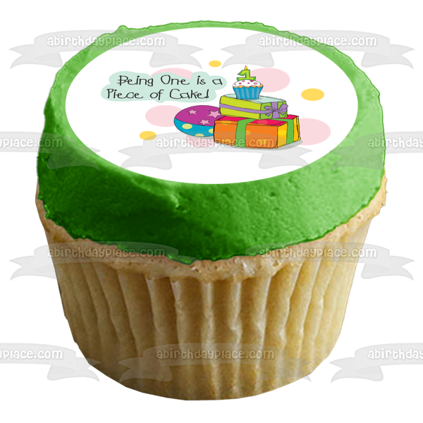 Happy 1st Birthday Being One Is a Piece of Cake Presents Ball Cupcake Number 1 Candle Edible Cake Topper Image ABPID13354
