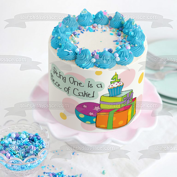 Happy 1st Birthday Being One Is a Piece of Cake Presents Ball Cupcake Number 1 Candle Edible Cake Topper Image ABPID13354
