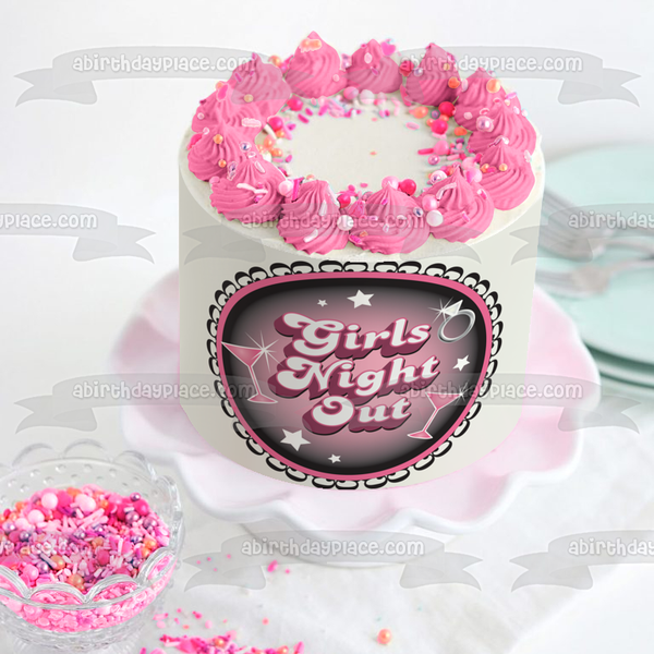 Girls Night Out Bachelorette Party Cocktail Glasses Stars Diamond Ring Edible Cake Topper Image ABPID13251