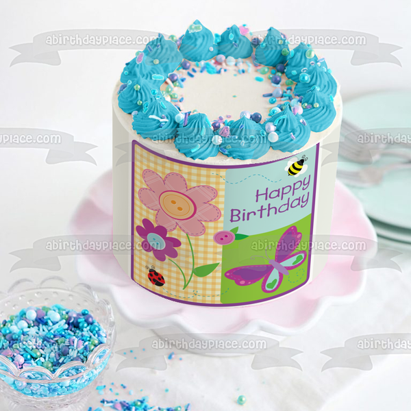 Happy Birthday Flowers Butterfly Bee Ladybug Edible Cake Topper Image ABPID13377