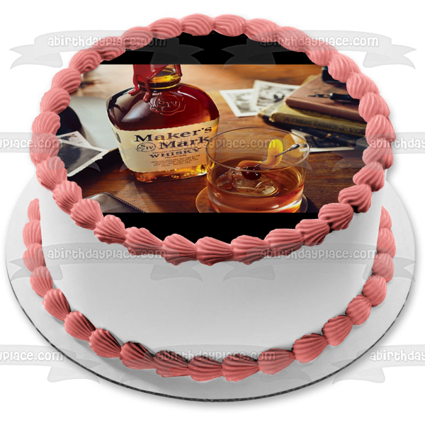 Maker's Mark Whisky Bottle and Glass Edible Cake Topper Image ABPID56124