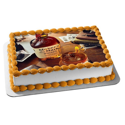 Maker's Mark Whisky Bottle and Glass Edible Cake Topper Image ABPID56124