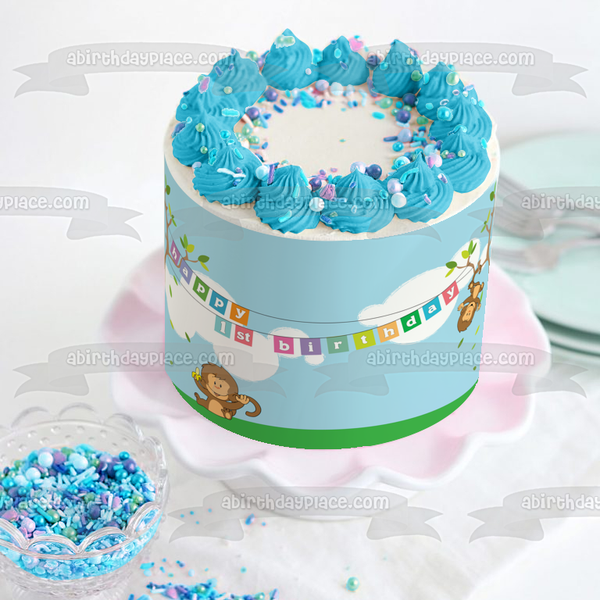 Happy 1st Birthday Monkeys Banner Trees Edible Cake Topper Image ABPID13383