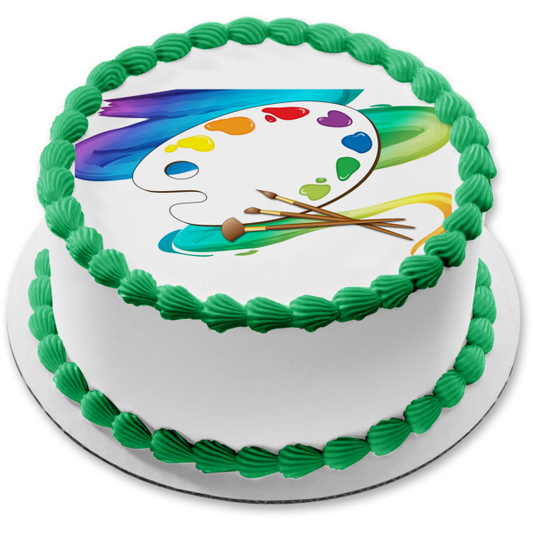 Artist Paint Palette Paintbrushes Colorful Paint Stroked Background Edible Cake Topper Image ABPID13264