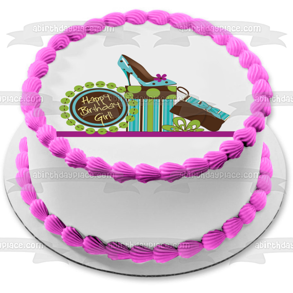 Happy Birthday Girl Present Wallet High Heel Shoe Edible Cake Topper Image ABPID13273