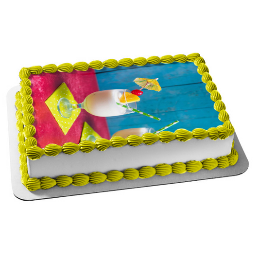 Pina Colada with Cherries, Pineapple and a Drink Umbrella Edible Cake Topper Image ABPID56220