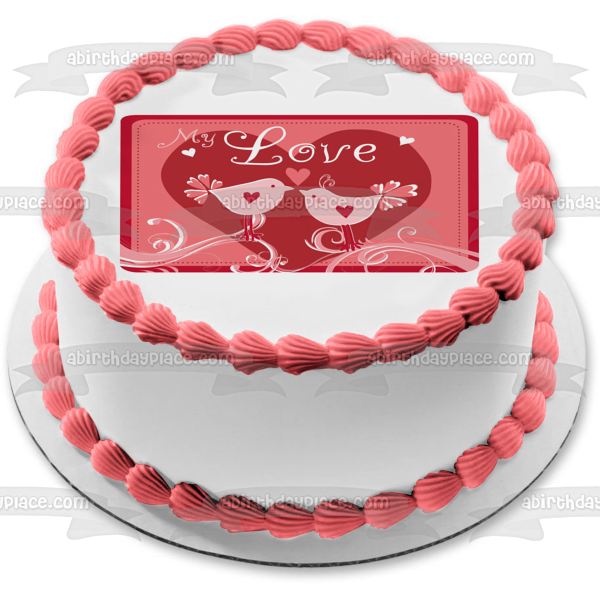 Happy Anniversary My Love Lovebirds Hearts Edible Cake Topper Image ABPID13288