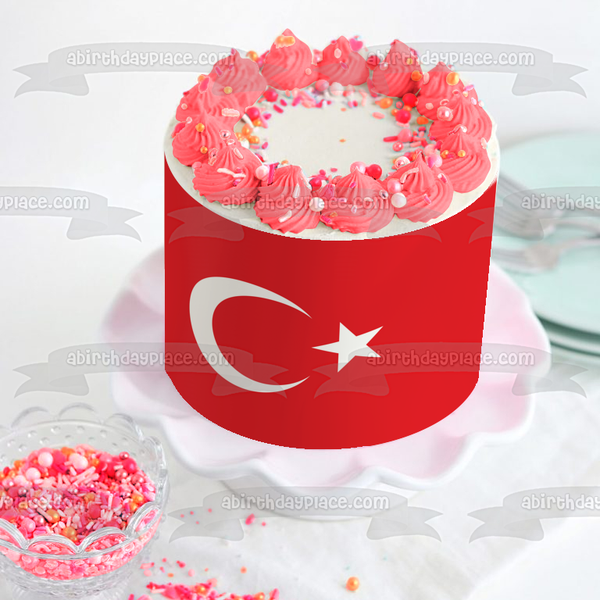 Islamic Turkey Flag Red White Crescent Moon Star Edible Cake Topper Image ABPID13294