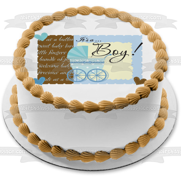 Baby Shower It's a Boy Blue Stroller Blue Hearts Edible Cake Topper Image ABPID13600