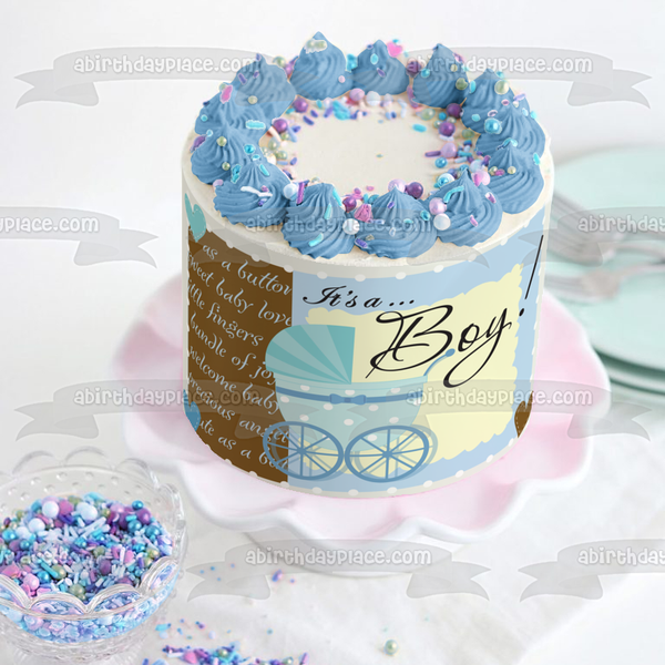 Baby Shower It's a Boy Blue Stroller Blue Hearts Edible Cake Topper Image ABPID13600