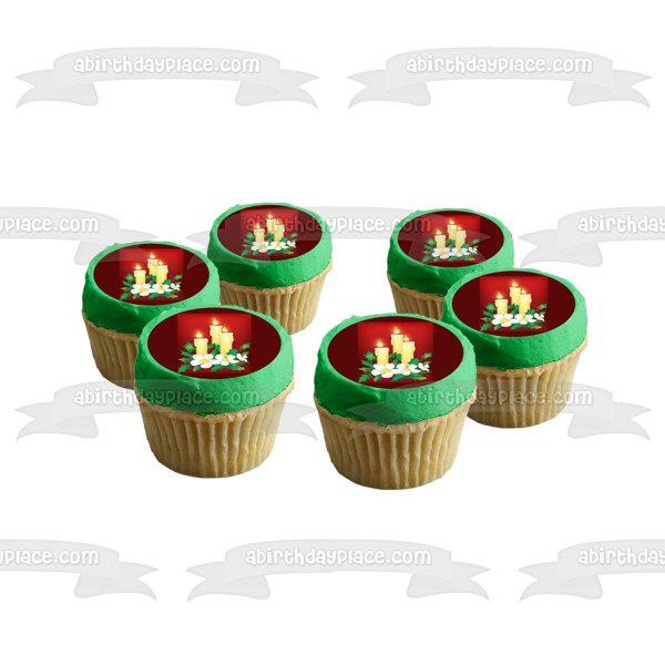 Merry Christmas Lit Candles Mistletoe White Flowers Red Background Edible Cake Topper Image ABPID13416