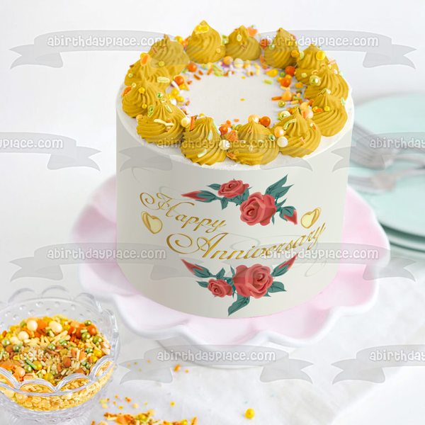 Happy Anniversary Red Roses Gold Hearts Edible Cake Topper Image ABPID13601