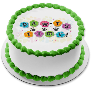 Happy Birthday Pawty Time Paw Prints Green Blue Pink Purple Yellow Edible Cake Topper Image ABPID13420