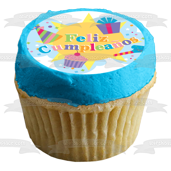 Feliz Cumpleanos Party Hats Presents Cupcakes Edible Cake Topper Image ABPID13603