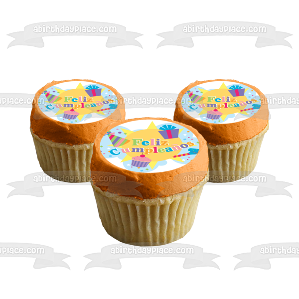 Feliz Cumpleanos Party Hats Presents Cupcakes Edible Cake Topper Image ABPID13603