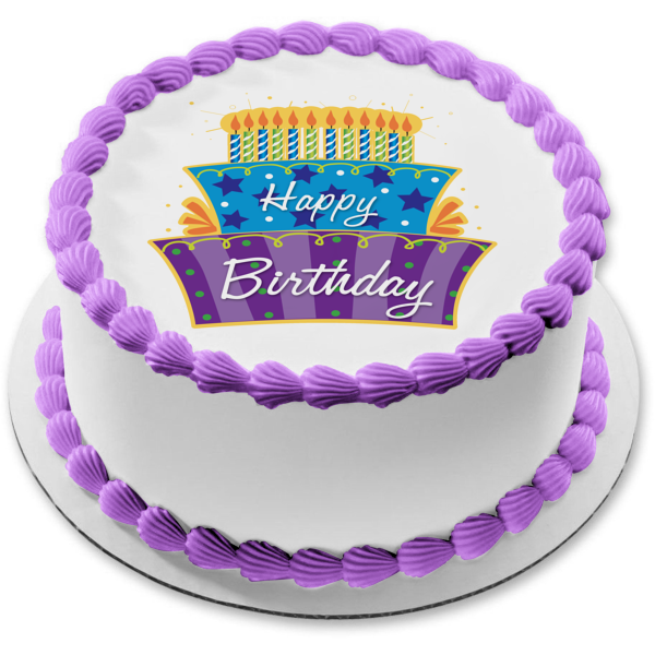 Happy Birthday Lit Candles Purple Blue Cake Stars Polka Dots Edible Cake Topper Image ABPID13434