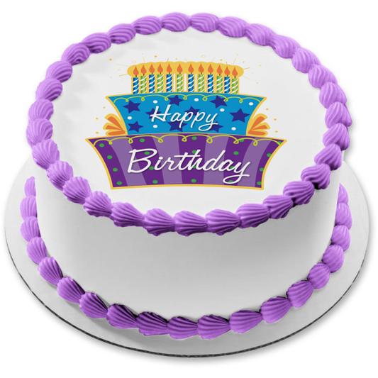 Happy Birthday Lit Candles Purple Blue Cake Stars Polka Dots Edible Cake Topper Image ABPID13434