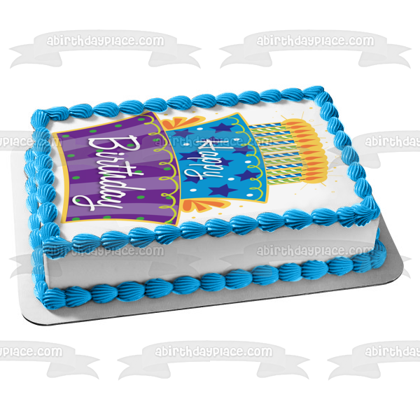 Happy Birthday Lit Candles Purple Blue Cake Stars Polka Dots Edible Cake Topper Image ABPID13434