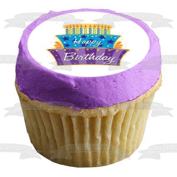 Happy Birthday Lit Candles Purple Blue Cake Stars Polka Dots Edible Cake Topper Image ABPID13434