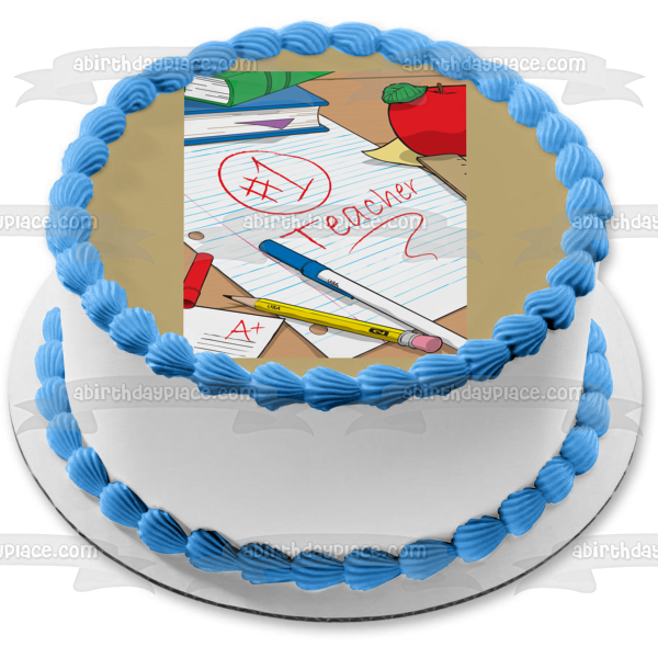 School #1 Teacher Books Apple Pens Pencils Edible Cake Topper Image ABPID13438