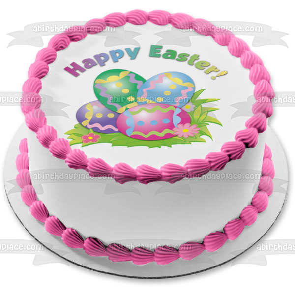 Happy Easter Colorful Easter Eggs and Flowers Edible Cake Topper Image ABPID13439