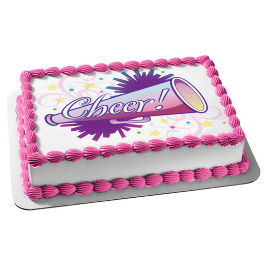 Sports Cheer Leading Cheer Megaphone Pom Poms Edible Cake Topper Image ABPID13440