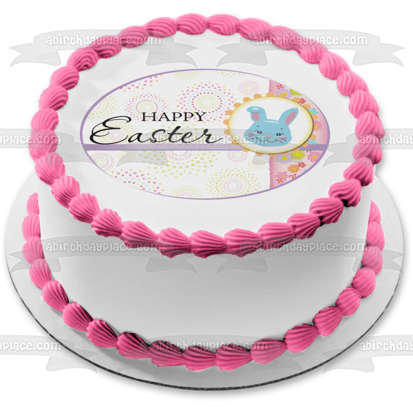 Happy Easter Blue Bunny Flowers Edible Cake Topper Image ABPID13455