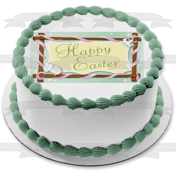 Happy Easter Purple Ribbon Flowers Edible Cake Topper Image ABPID13456