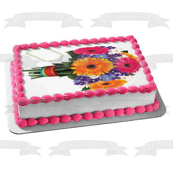 Colorful Flowers Vase Vase Tag Edible Cake Topper Image ABPID13481